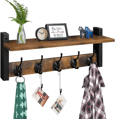 Produktbild von Wandhaken mit Regal – Garderobenleiste Holz mit 5 Haken, Wandgarderobe,Schlüsselbrett,Wandorganizer Hakenleiste,Wandmontiertes,für Flur,Wohnung,Bad