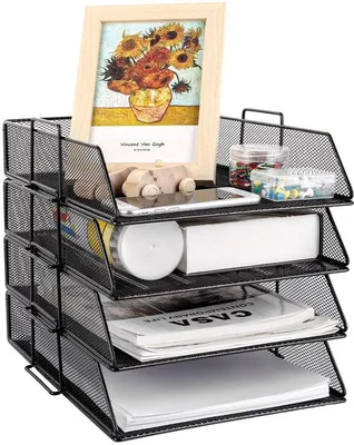 Produktbild von Unyqoos® Metall-Dokumenten-Organizer – stapelbare 4-Ebenen Dokumentenablage, schwarz, A4-kompatibel, 33 x 24,5 x 25,2 cm, mit Griffen