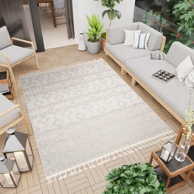Produktbild von Teppich 3D Struktur Indoor Outdoor Modern Design Fransen Ethno Creme Beige 120 x 170 cm