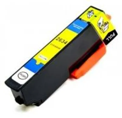 A yellow and blue ink cartridge with black casing and an orange pull tab, set against a white background.