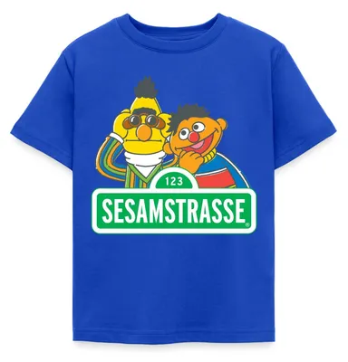 Produktbild von Spreadshirt Sesamstraße Schild Ernie und Bert Kinder T-Shirt, 122/128 (7-8 Jahre), Royalblau