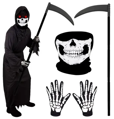 Skelett-Set: Totenkopfmaske, Handschuhe & Sense – Halloween-Kostümzubehör
