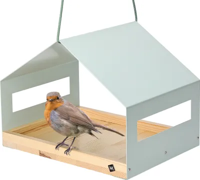 Produktbild von WONDERMAKE® Design Vogelhaus aus Metall und Holz wetterfest zum Aufhängen, modernes Vogelfutterhaus groß Metalldach hängend, Vogelhäuschen Futterhaus