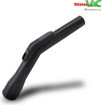 A black vacuum cleaner hose handle with a button on a white background.