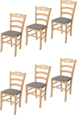 Image de t m c s Tommychairs - Lot de 6 chaises CUORE pour la cuisine et la salle à manger, Structure robuste en bois de hêtre verni dans le coloris naturel et assise rembourrée recouverte de tissu dans le coloris brun chevreuil