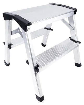 Produktbild von Aluminium Trittleiter mit 2 Stufen, klappbar, bis 120 kg belastbar, Silber-Schwarz
