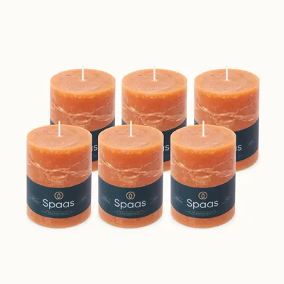 6 Stumpenkerzen, geruchslos, 80/110 mm, 65 h Brenndauer, Orange