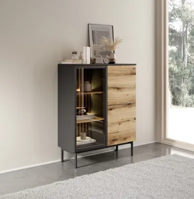 Produktbild von Niedrige Vitrine Eiche Evoke/Schwarz Mit Lamellen Und Led 125 Cm