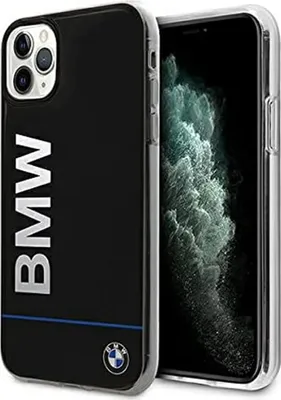 A black iPhone case with the BMW logo and text is shown next to an iPhone.