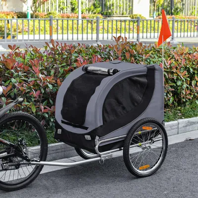 Produktbild von Hundefahrradanhänger klappbar mit Universalkupplung, Haustieranhänger Stahlrohr 600D Oxford, Grau+Schwarz | 130x73x90 cm | 14 kg | Luftreifen