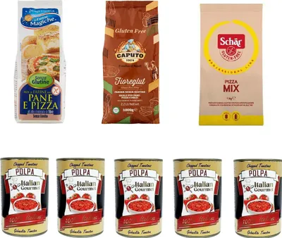 Produktbild von Caputo Schär Pizza Mix Gluten-frei Mehl 2x 1Kg Le farine magiche senza glutine 500g + und Italian Gourmet Polpa di pomodoro Fein gehacktes Tomatenmark 5x 400g
