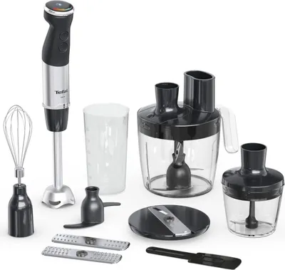 A collection of immersion blender attachments and accessories laid out on a white background.