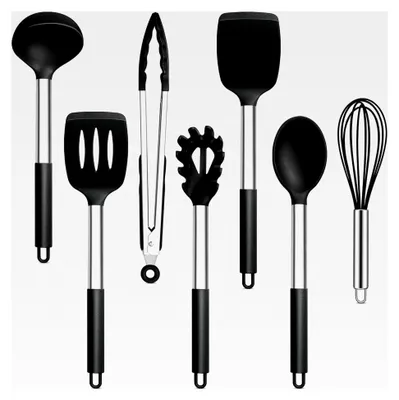 Produktbild von Küchenhelfer Set, 7-teiliges Kochbesteck Set, Schwarz, Hitzebeständiger Pfannenwender, Spülmaschinenfest