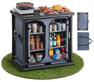 Produktbild von Campingküche - Klappbarer Campingschrank mit Tischplatte - 6 Ablagefächer - Außentasche - Belastbar bis 30 kg - Faltbar - Für Camping Picknick Grillen