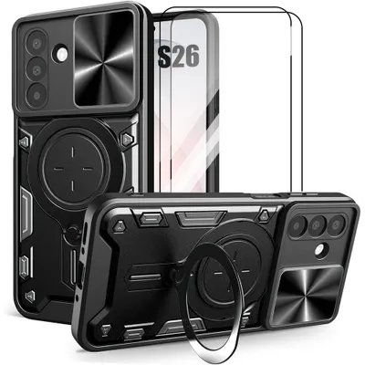 Image de Coque + 2 Verres Trempés pour Samsung Galaxy S26, avec Anneau Rotatif et Protection Caméra - Noir