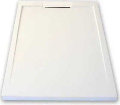 Produktbild von Mineralguss-Duschwanne extra flach LUX Schieferoptik weiß 80x130cm Edelstahl in gleicher Farbe Auslaufschutz in Farbe