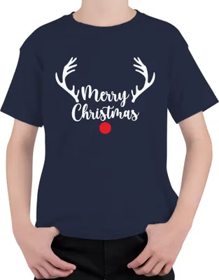 Produktbild von Merry Christmas Rote Nase Rudolf Rentier - Weihnachten Weihnachtsgeschenk Christmas Uni Kinder T-Shirt, Navy, 140