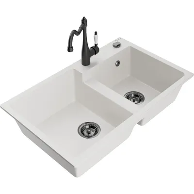 Obrázok produktu pre Mexen Tomas granitový dvojkomorový drez s kuchynskou batériou Carla, Biela - 6516-20-670700-70