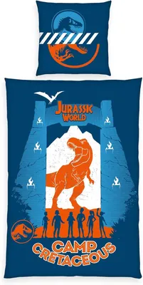 Produktbild von Bettwäsche-Set, Jurassic World Camp Cretaceous, Kopfkissenbezug 80 x 80 cm mit Knöpfen und Wende-Motiv, Bettbezug 135 x 200 cm, Mit Knopfverschluss, 100% Baumwolle/Linon