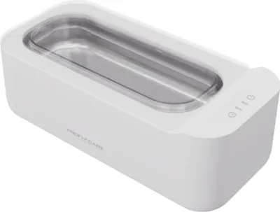 A white ultrasonic cleaning device with a transparent lid and a silver interior.