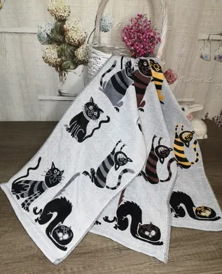 Produktbild von 3er Set 100% Baumwolle zweiseitige Handtücher 35x75cm Geschirrtüchern mit Druckmotiv Katzen Design Katzenmotiv