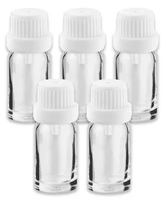 Produktbild von 5x Klarglasflasche 10 ml mit weißem Tropfer Tropfeinsatz Miniflasche