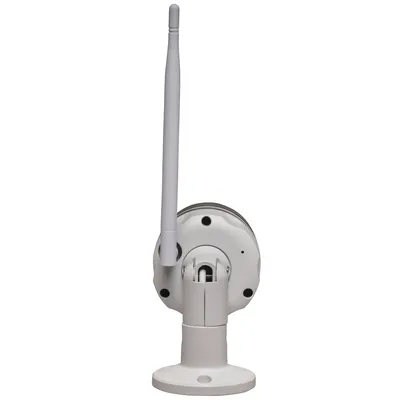 The back view of a white outdoor WiFi camera with an antenna.