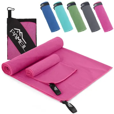 Zdjęcie produktu dla Zestaw dwóch ręczników z mikrofibry: 160x80 cm + 80x40 cm, w kolorze różowym, szybkoschnący