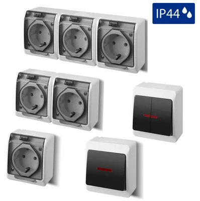 Produktbild von Aufputz Doppelschalter mit Steckdose IP44 grau transparent