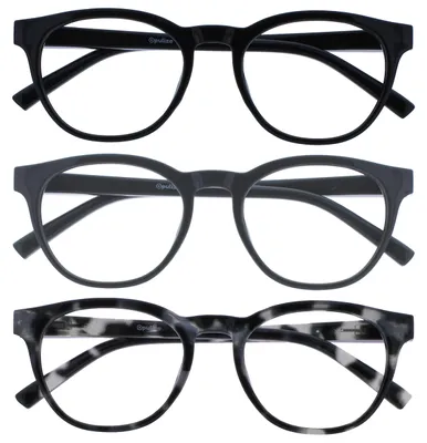 Produktbild von OPULIZE BLU Blaulichtfilter Lesebrille für Damen Herren, Blendfreie UV400-Schutz Federscharnier Anti-Müdigkeit, Runder Rahmen, Computerbrillen Gaming, 3er-Pack Schwarz Grau Schildpatt +1,50
