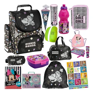 Produktbild von Schulranzen für Jungen und Mädchen, 15er-Set - Schul-Rucksack für Kinder mit Federmäppchen - Schuhbeutel Trinkflasche und Brotdose - Minnie Motiv