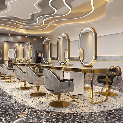 Produktbild von 360Home Frisiertisch mit LED Spiegel Stylingstation Bedienplatz Friseursalon Schrank mit Schubladen Frisierplatz mit Edelstahlrahmen gold F-6-Sitzer