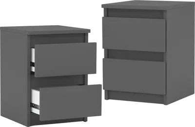 Two modern gray nightstands with drawers are shown against a white background.