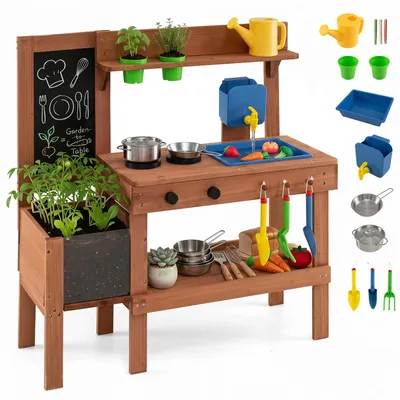 Produktbild von KOMFOTTEU Spielküche Outdoor, Matschküche mit Herden, Spülbecken, Wasserhahn & Wassertank, Holzküche mit Tafel, Pflanzkasten & offener Regale, Kinderküche mit Zubehör, Gartenküche für Kinder ab 3 Jahren