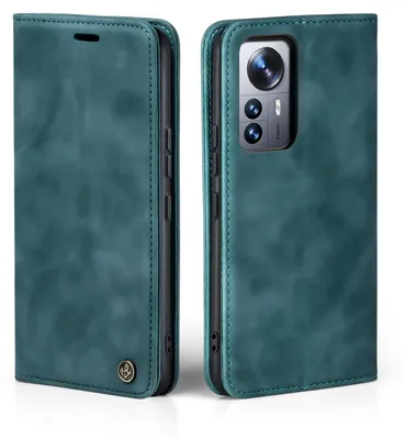 A teal flip case for a smartphone, shown from two angles.