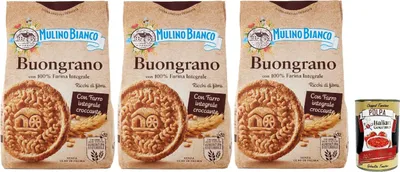 Produktbild von Mulino Bianco Biscotti Buongrano con 100% Farina Integrale, Kekse mit 100% vollem Mehl, Frühstück voller Faser und Geschmack, 3x 350 g + Italian Gourmet polpa 400g