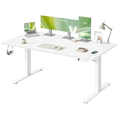 A white standing desk with multiple monitors, a laptop, keyboard, mouse, headphones, a lamp, and other office accessories.