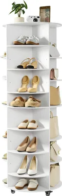 Produktbild von Schuhregal - Drehbarer Schuhschrank - 7-stöckig - 360° Drehbar - Rollbar - Für 28 Paar - 58,8 x 58,8 x 164,6 cm - Weiß
