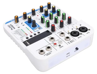 Image de Table de mixage audio 4 canaux avec DSP, réverbération numérique, module USB/BT/MP3, entrées XLR, 6,35 mm et 3,5 mm, alimentation fantôme 48 V pour diffusion en direct, karaoké à domicile, blanc