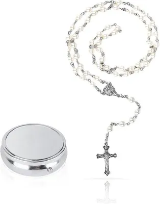 Image de Chapelet catholique fait main avec des perles de 6 mm, coffret cadeau argenté, idéal pour une communion ou un baptême, blanc