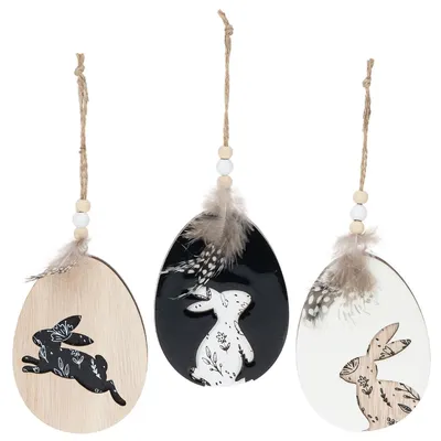 Produktbild von Holz-Osterdeko Anhänger mit Hasenmotiv und Federdetails, 6 Stück