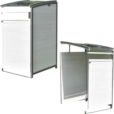 Two views of a white wooden trash bin enclosure with a gray frame and a curved roof.