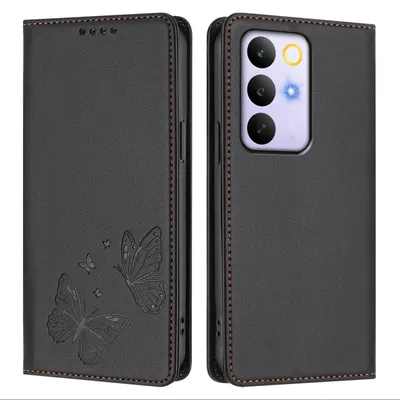 Image de Étui en cuir pour Realme C85 5G, étui de protection type portefeuille en cuir gaufré « papillon » avec support, noir