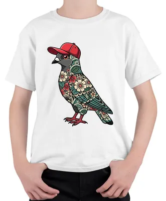 Immagine prodotto di T-shirt per bambini, bianco, taglia 116, con immagine di una colomba che indossa un berretto da baseball, fiori di ciliegio, stile giapponese urbano, ispirazione Y2K, soggetto: uccello