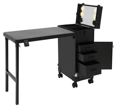 Produktbild von Rollbarer Manikürtisch - Kosmetikkoffer mit Tisch und Spiegel - 3 Schubladen - Faltbar und erweiterbar - 36–55 l - Schwarz