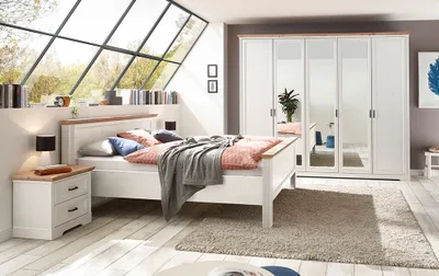 Produktbild von Schlafzimmer Set 4-teilig Bett 180x200cm Pinie weiß mit Eiche JÜLICH-77