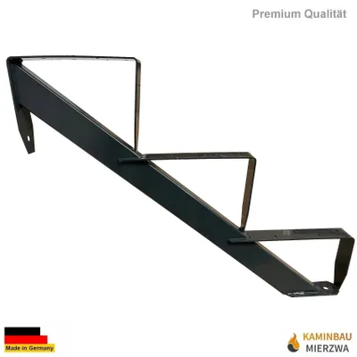 A dark grey metal stair stringer with three steps, shown against a white background.