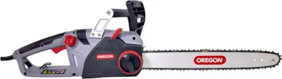 A studio shot of an electric chainsaw against a white background.