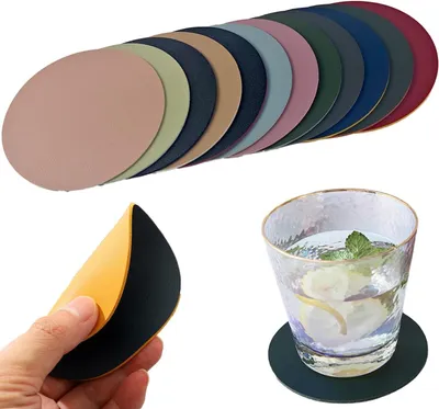Productafbeelding van Coaster set 12 stuks, rond, kunstleer, meubelbescherming