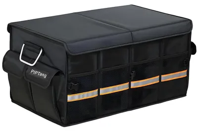 Zdjęcie produktu dla Organizer do bagażnika, składany, długość 60 cm – pojemnik do przechowywania w samochodzie, z aluminiowymi uchwytami, antypoślizgową podstawą i wieloma przegródkami